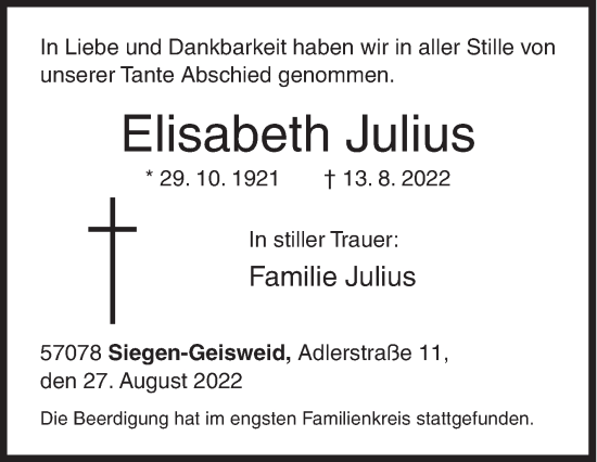 Traueranzeige von Elisabeth Julius von Siegener Zeitung
