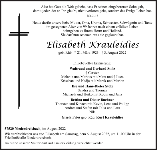 Traueranzeige von Elisabeth Krauleidies von Siegener Zeitung