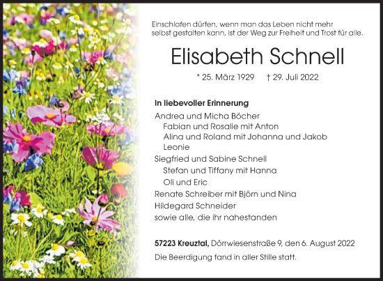Traueranzeige von Elisabeth Schnell von Siegener Zeitung
