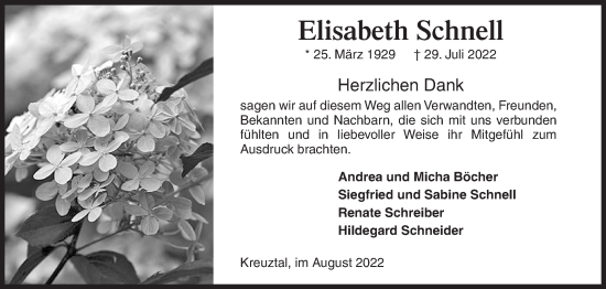Traueranzeige von Elisabeth Schnell von Siegener Zeitung