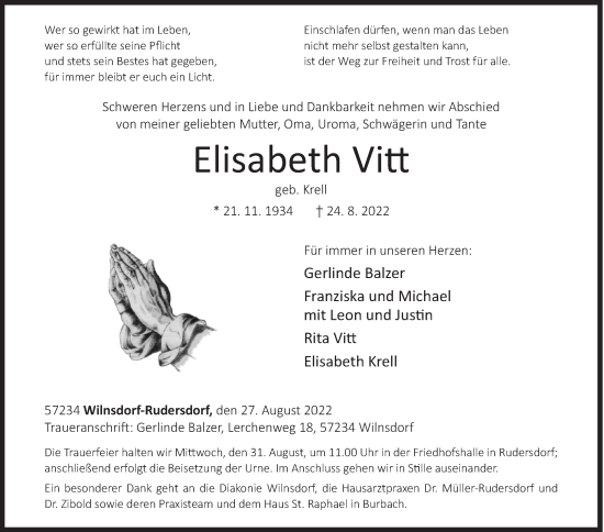 Traueranzeige von Elisabeth Vitt von Siegener Zeitung