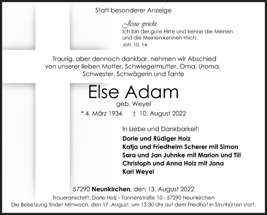Traueranzeige von Else Adam von Siegener Zeitung