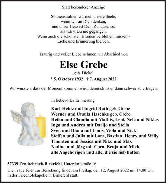 Traueranzeige von Else Grebe von Siegener Zeitung
