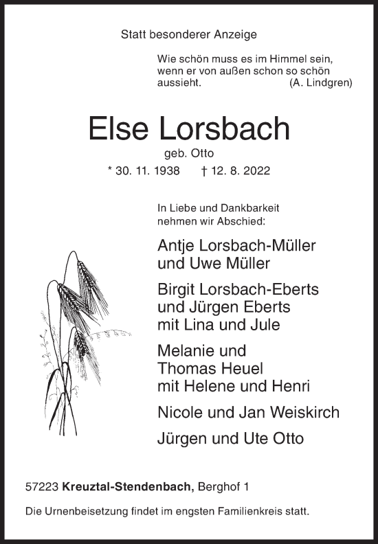 Traueranzeige von Else Lorsbach von Siegener Zeitung