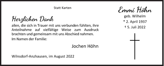 Traueranzeige von Emmi Höhn von Siegener Zeitung