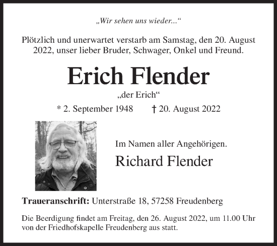 Traueranzeige von Erich Flender von Siegener Zeitung