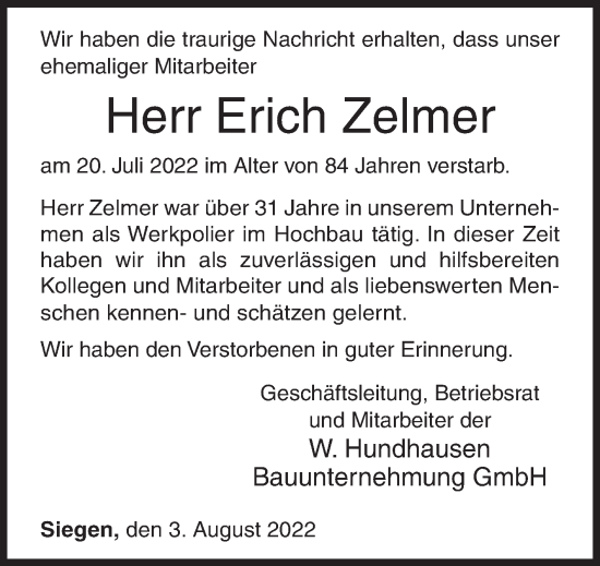 Traueranzeige von Erich Zelmer von Siegener Zeitung