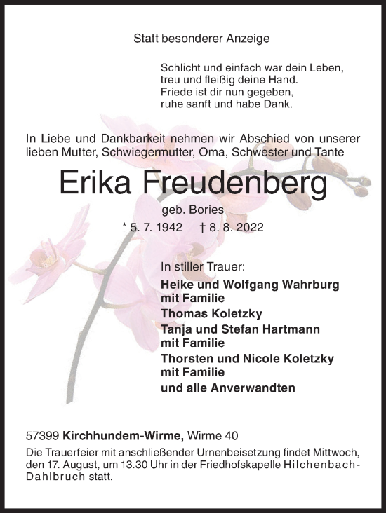 Traueranzeige von Erika Freudenberg von Siegener Zeitung