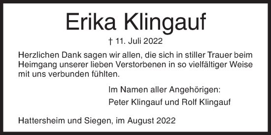 Traueranzeige von Erika Klingauf von Siegener Zeitung