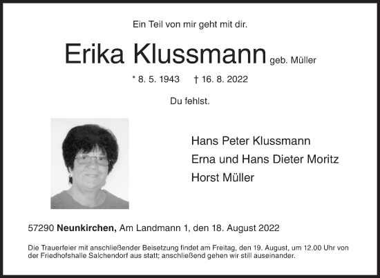 Traueranzeige von Erika Klussmann von Siegener Zeitung