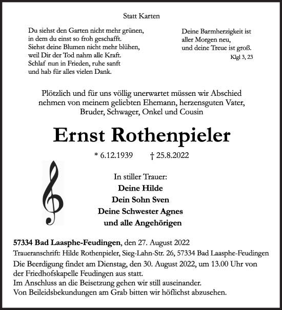 Traueranzeige von Ernst Rothenpieler von Siegener Zeitung