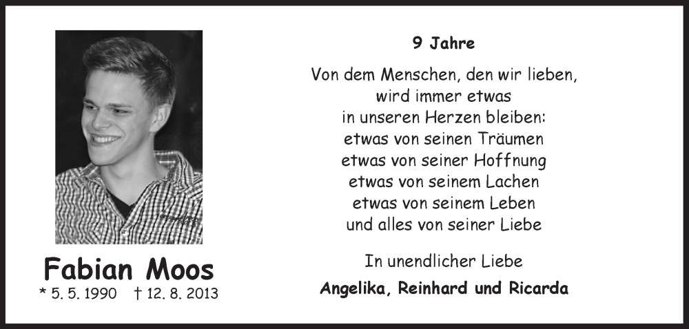  Traueranzeige für Fabian Moos vom 12.08.2022 aus Siegener Zeitung