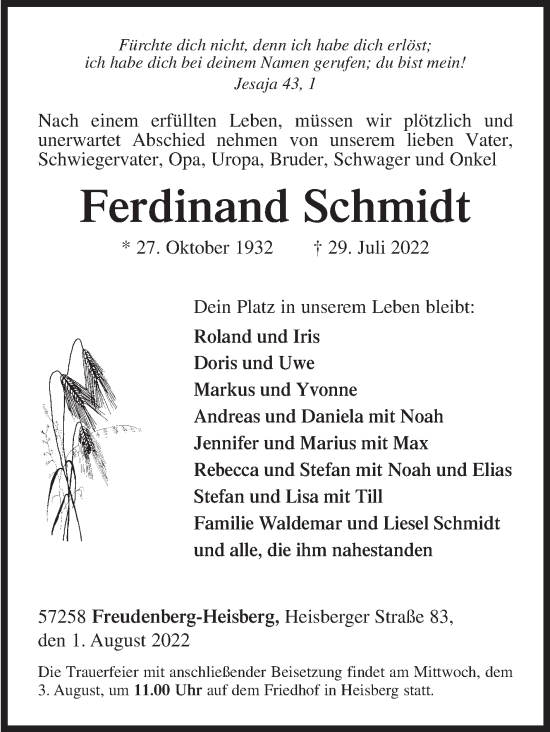 Traueranzeige von Ferdinand Schmidt von Siegener Zeitung