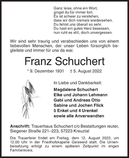 Traueranzeige von Franz Schuchert von Siegener Zeitung