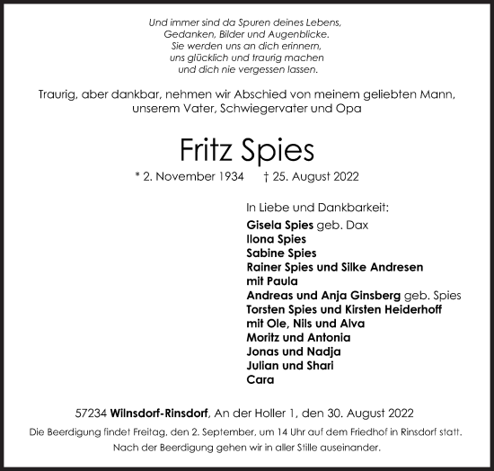 Traueranzeige von Fritz Spies von Siegener Zeitung