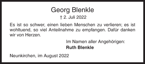 Traueranzeige von Georg Blenkle von Siegener Zeitung