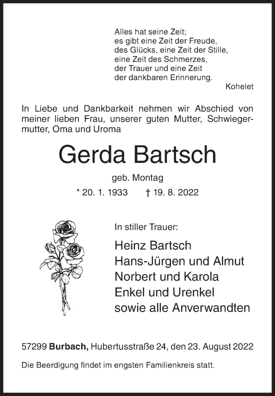 Traueranzeige von Gerda Bartsch von Siegener Zeitung