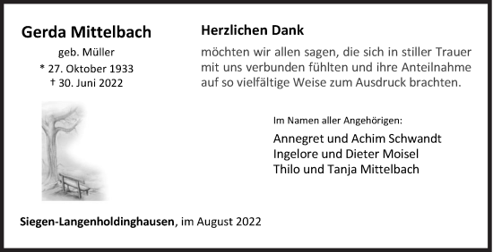 Traueranzeige von Gerda Mittelbach von Siegener Zeitung
