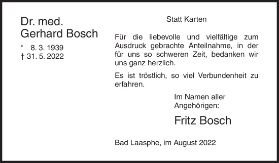 Traueranzeige von Gerhard Bosch von Siegener Zeitung