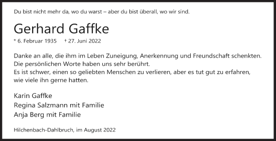 Traueranzeige von Gerhard Gaffke von Siegener Zeitung
