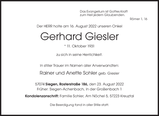 Traueranzeige von Gerhard Giesler von Siegener Zeitung