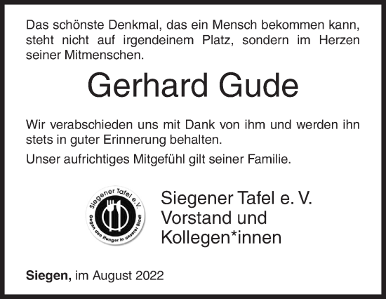 Traueranzeige von Gerhard Gude von Siegener Zeitung