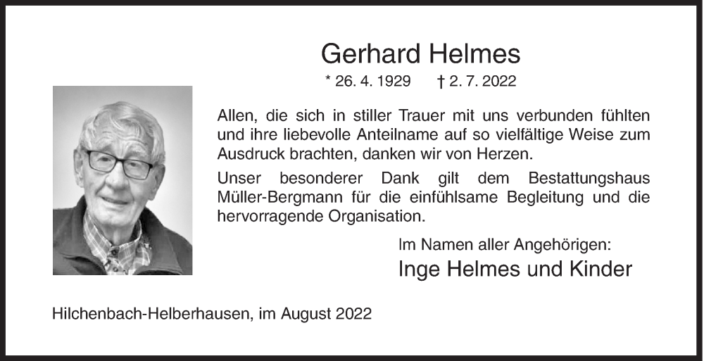  Traueranzeige für Gerhard Helmes vom 20.08.2022 aus Siegener Zeitung