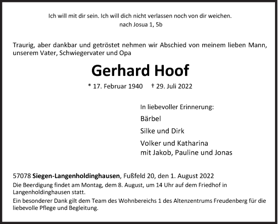 Traueranzeige von Gerhard Hoof von Siegener Zeitung