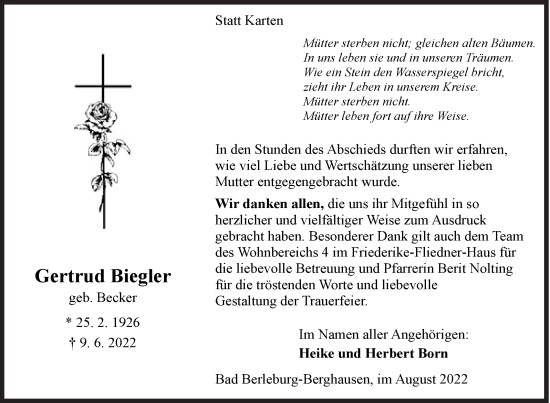 Traueranzeige von Gertrud Biegler von Siegener Zeitung