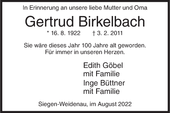 Traueranzeige von Gertrud Birkelbach von Siegener Zeitung