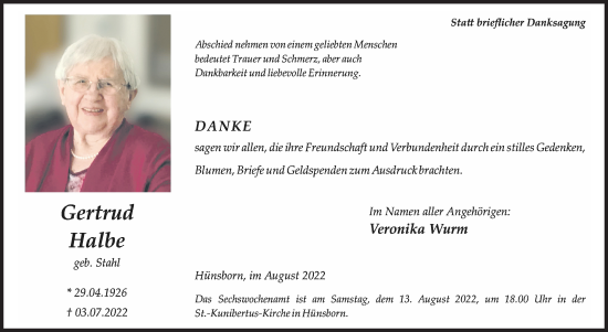 Traueranzeige von Gertrud Halbe von Siegener Zeitung