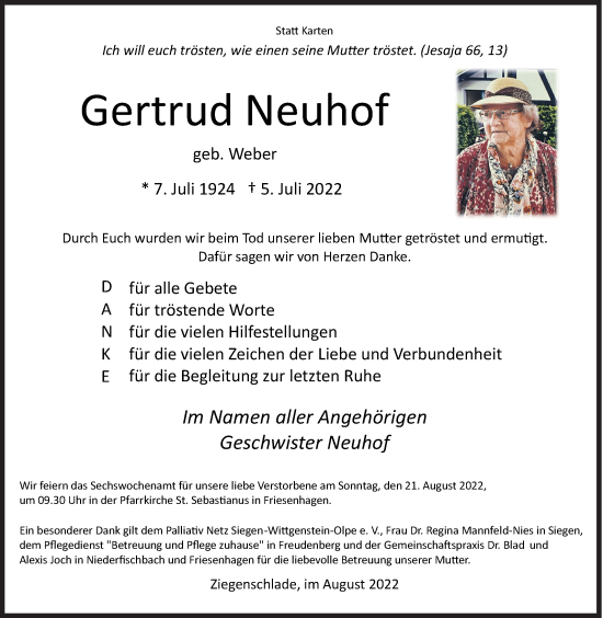 Traueranzeige von Gertrud Neuhof von Siegener Zeitung