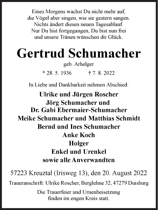 Traueranzeige von Gertrud Schumacher von Siegener Zeitung