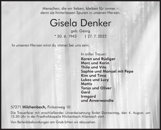 Traueranzeige von Gisela Denker von Siegener Zeitung