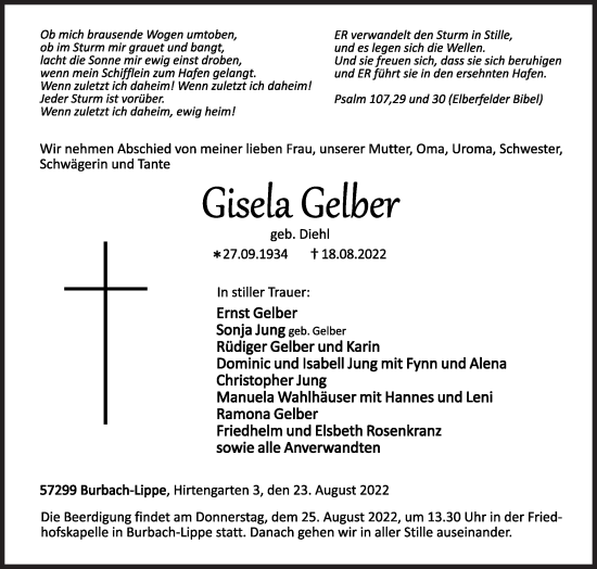 Traueranzeige von Gisela Gelber von Siegener Zeitung