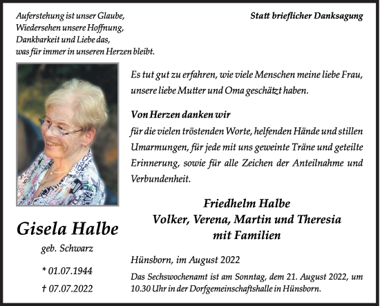 Traueranzeige von Gisela Halbe von Siegener Zeitung