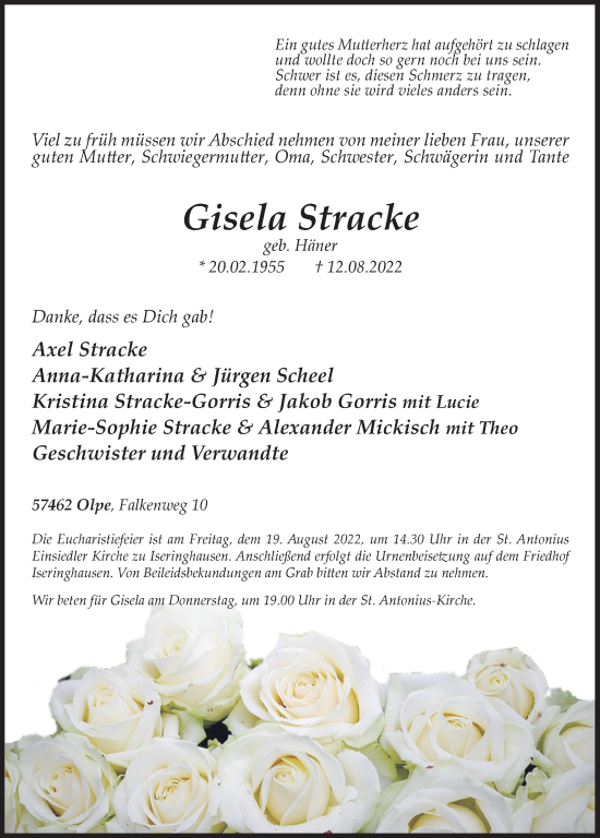 Traueranzeige von Gisela Stracke von Siegener Zeitung