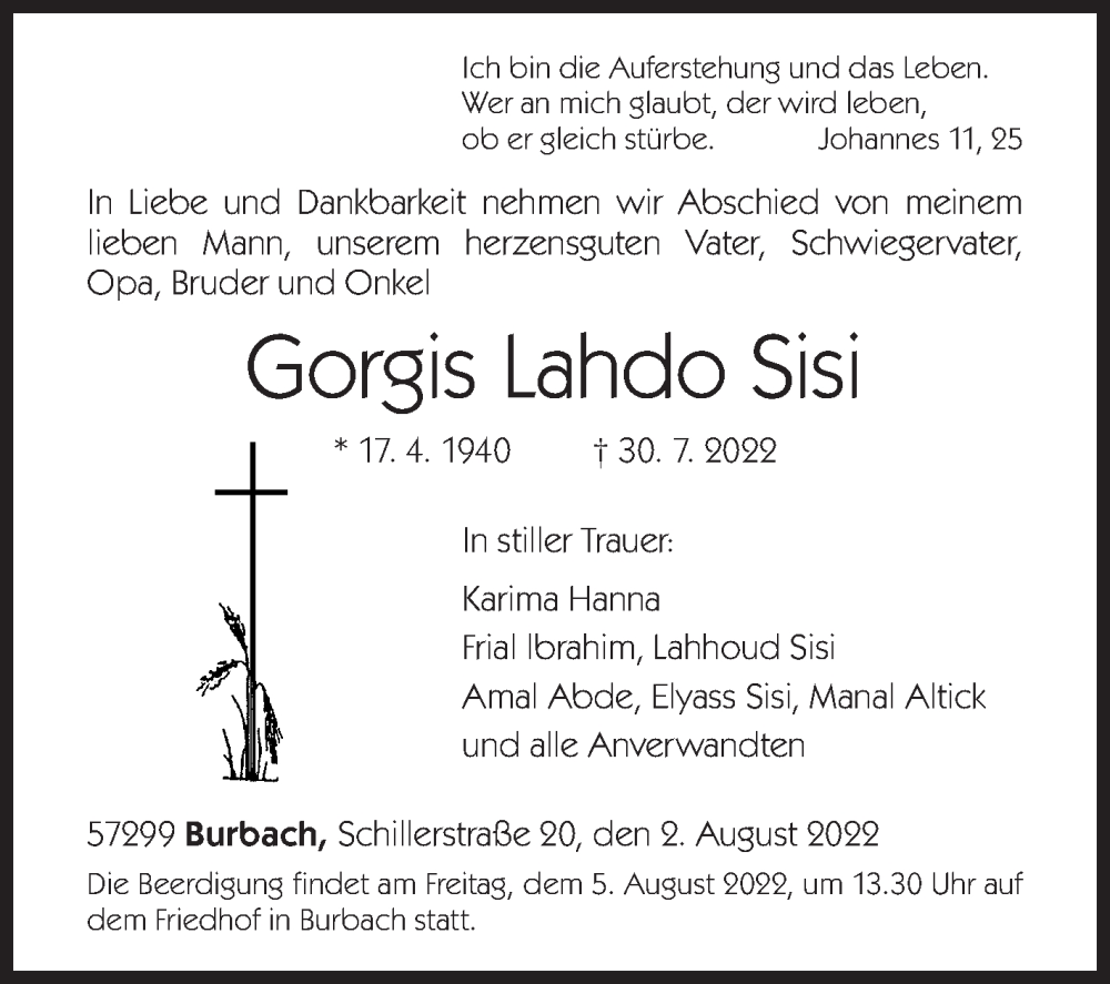  Traueranzeige für Gorgis Lahdo Sisi vom 02.08.2022 aus Siegener Zeitung