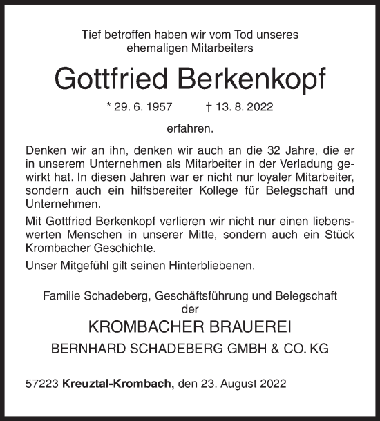 Traueranzeige von Gottfried Berkenkopf von Siegener Zeitung