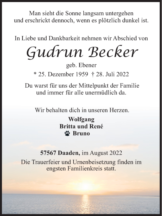 Traueranzeige von Gudrun Becker von Siegener Zeitung