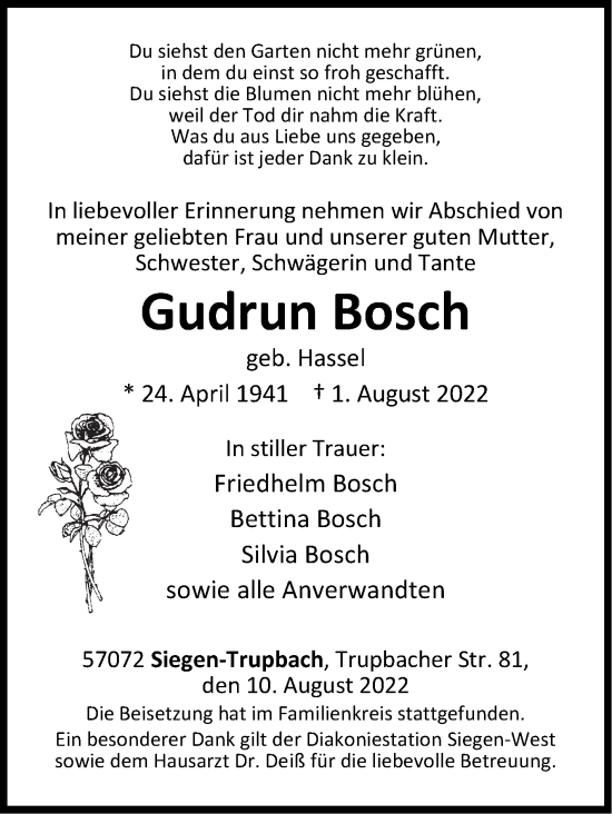 Traueranzeige von Gudrun Bosch von Siegener Zeitung
