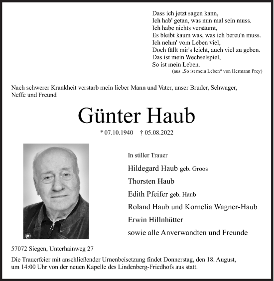 Traueranzeige von Günter Haub von Siegener Zeitung