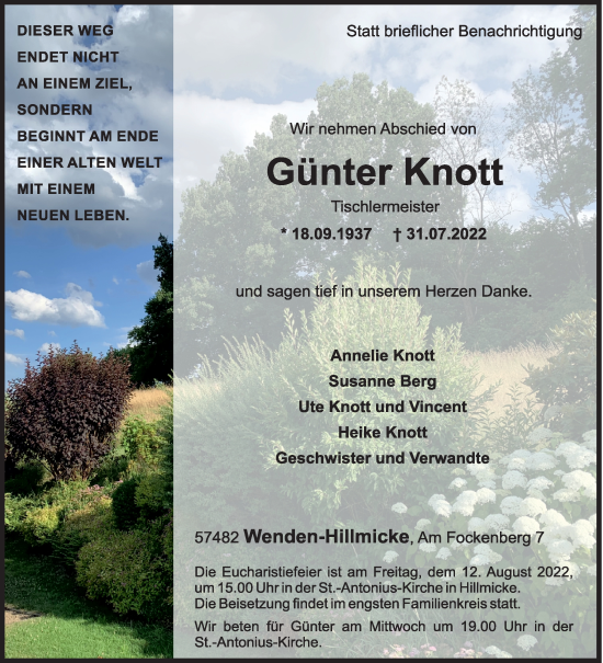 Traueranzeige von Günter Knott von Siegener Zeitung