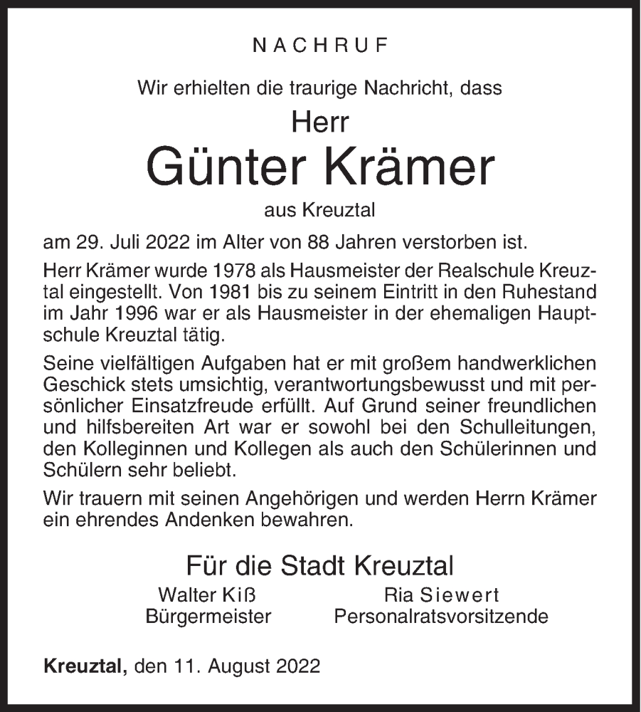  Traueranzeige für Günter Krämer vom 11.08.2022 aus Siegener Zeitung