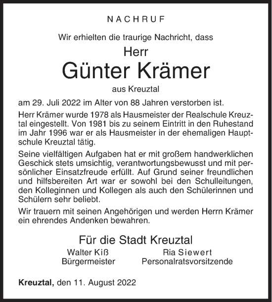 Traueranzeige von Günter Krämer von Siegener Zeitung