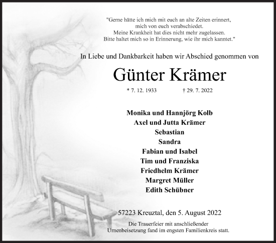 Traueranzeige von Günter Krämer von Siegener Zeitung