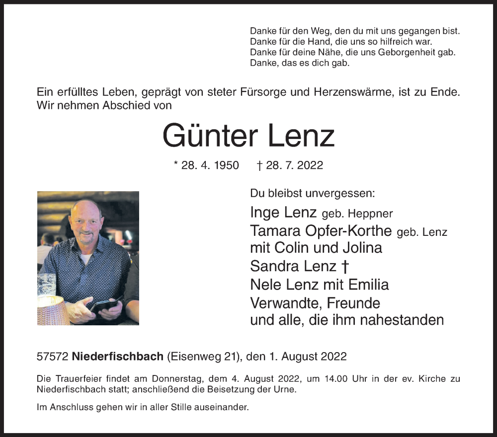  Traueranzeige für Günter Lenz vom 01.08.2022 aus Siegener Zeitung