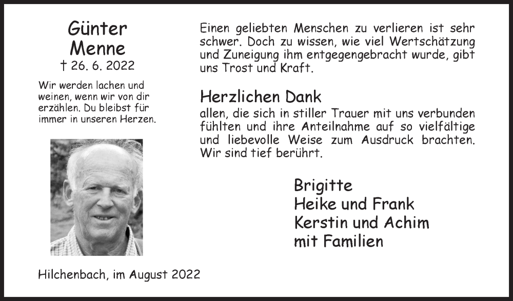  Traueranzeige für Günter Menne vom 05.08.2022 aus Siegener Zeitung