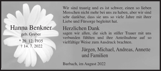 Traueranzeige von Hanna Benkner von Siegener Zeitung