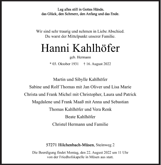 Traueranzeige von Hanni Kahlhöfer von Siegener Zeitung